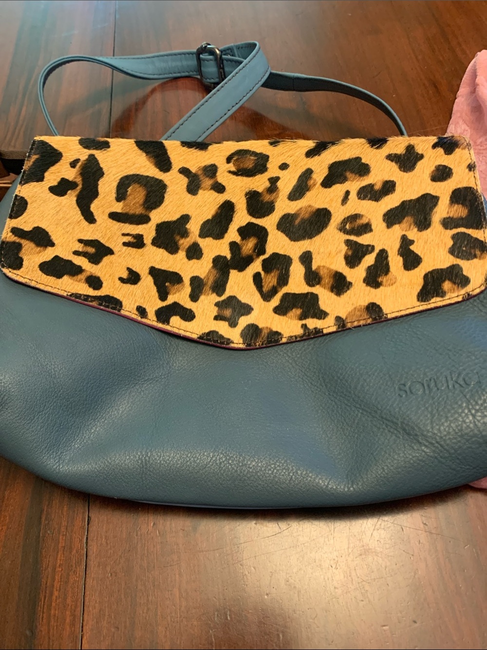 Soruka Teal Shoulder Bag with Leopard-Print Flap
